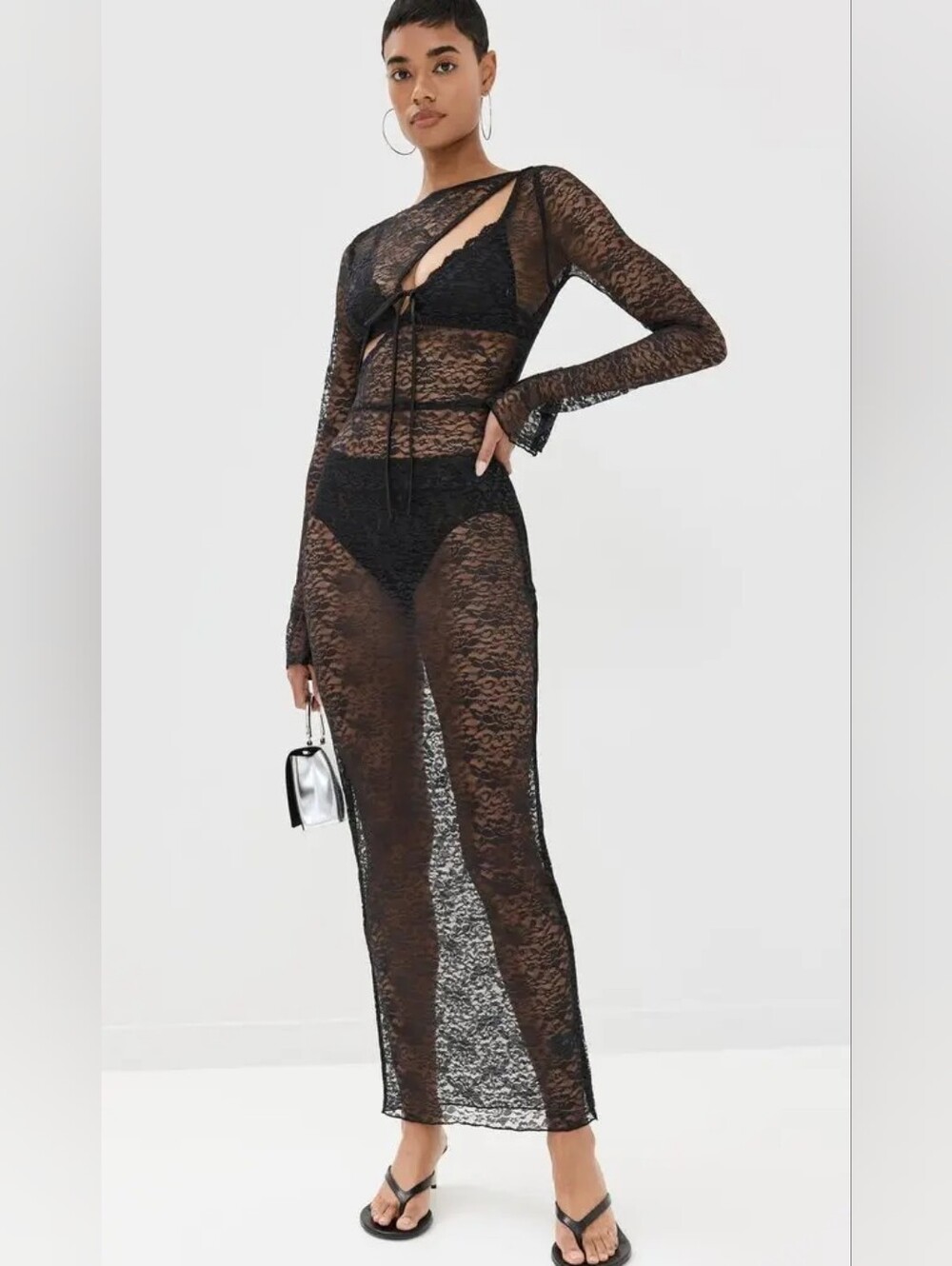 Lioness Fever Lace Maxi Dress Onyx Black Small NWT Sheer Cutout Back Long Sleeve